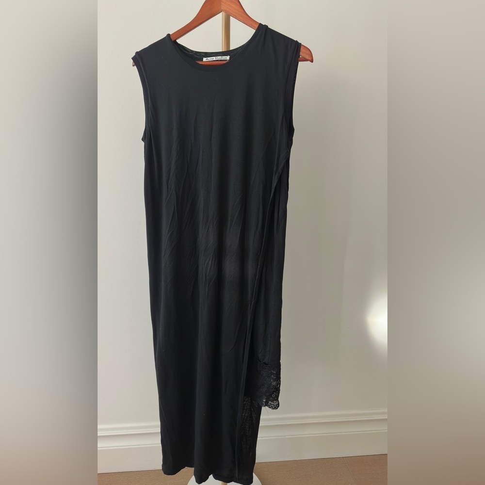 Acne Studios Black Tencel Lace Maxi Dress Asymmetrical Hem Tank Medium